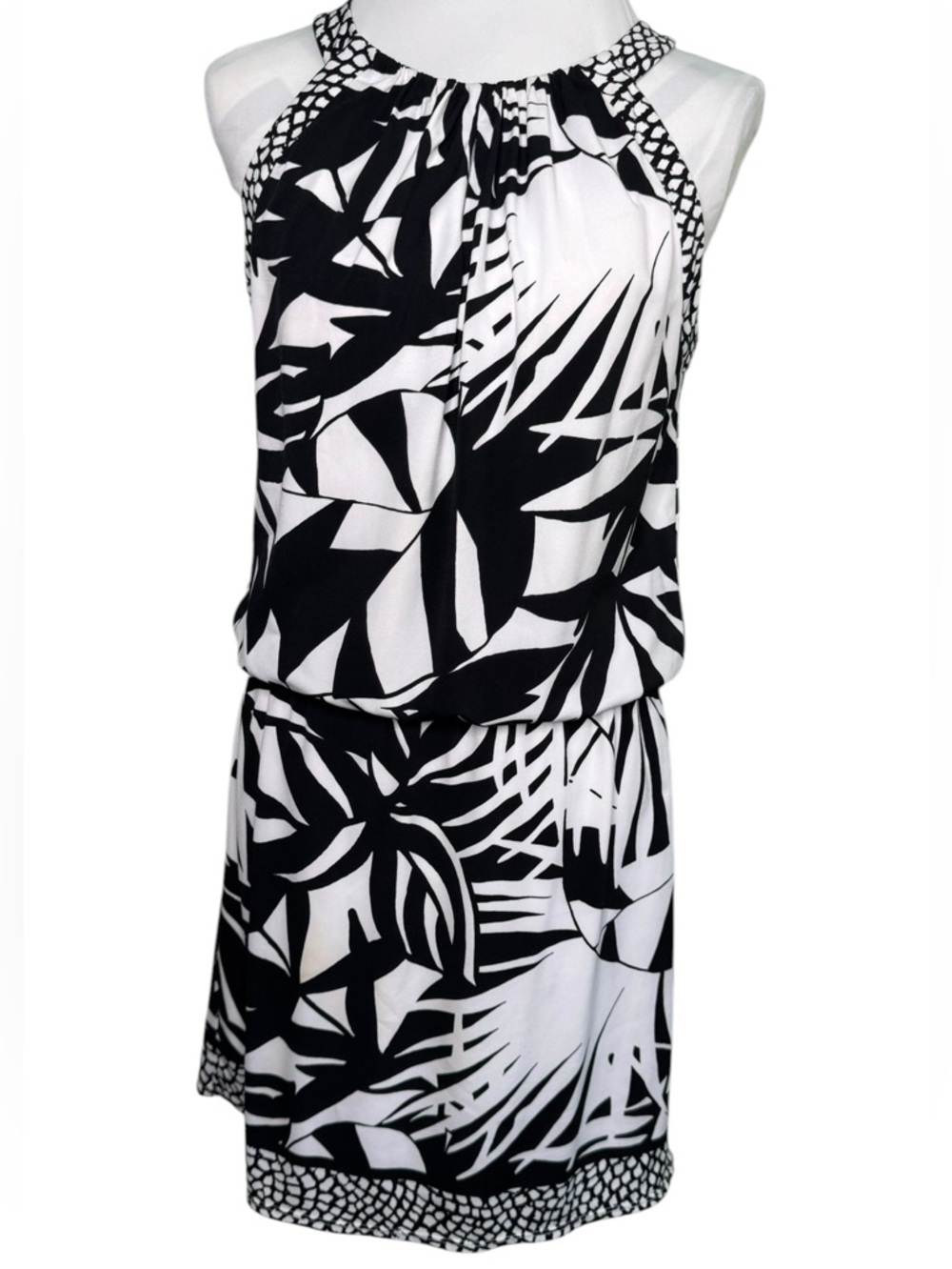 WHBM Black White Tropical Leaf Blouson Sleeveless Keyhole Dress Medium